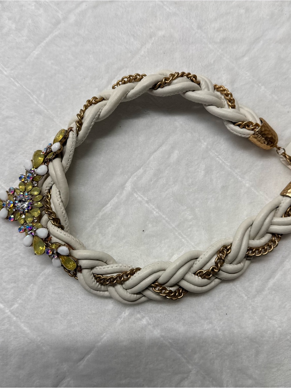 White Braided Chain Necklace with Yellow Crystal Accent